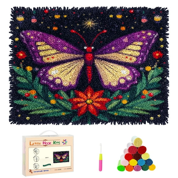 DIY Latch Hook Rug Kits Cartoon Butterfly and Night Christmas Flower Stamped Non-slip Mat Crocheting Yarn Hook and Latch Emboridery Tapestry for Home Floor Decor and Pet Warm Cushion 52x38cm(89)