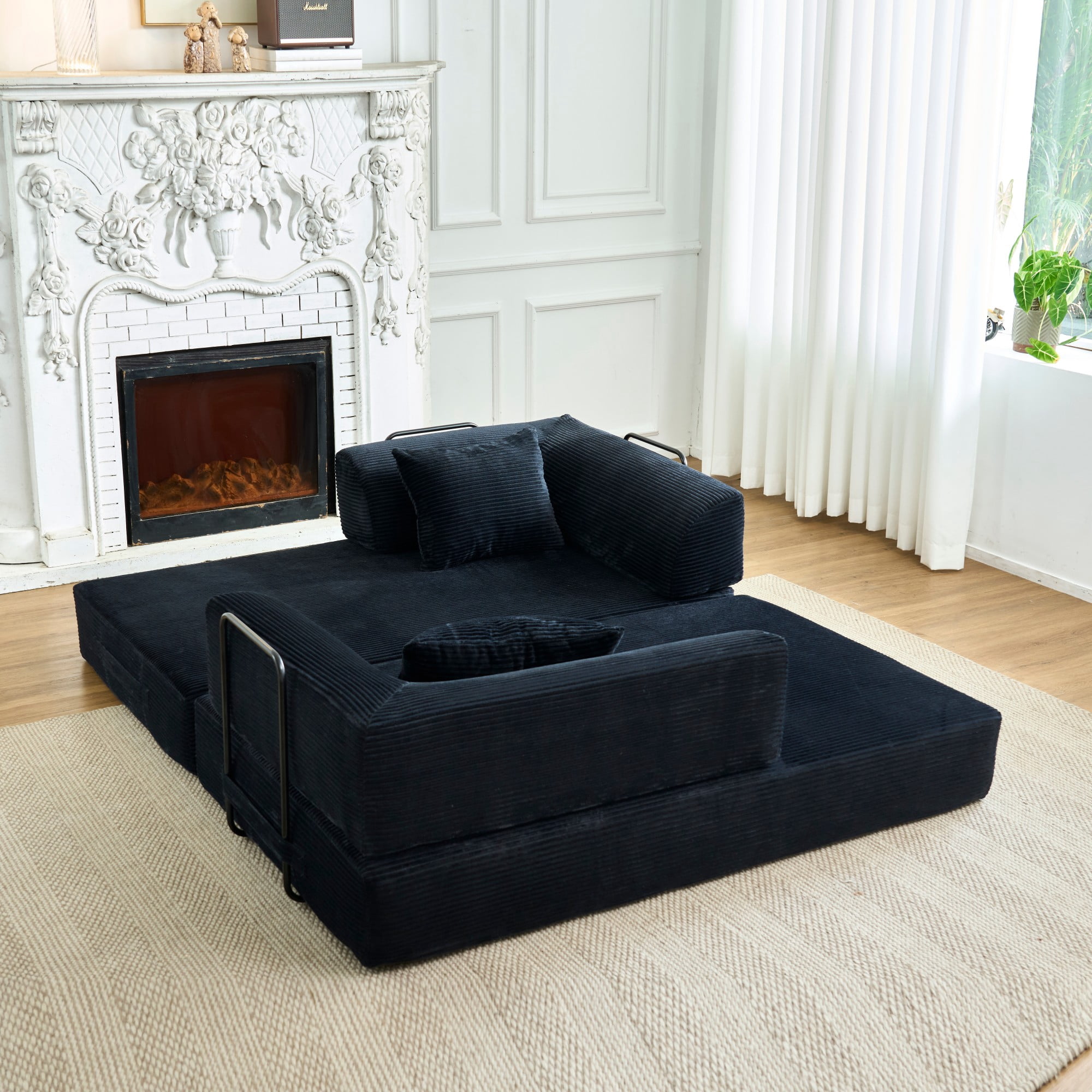BSHTI 59" Corduroy Convertible Sleeper Sofa Bed with Cylindrical Pillow, No Assembly, Small Space for Living Room（Black）
