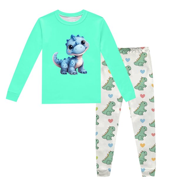 Pyjamas pour Enfants Ensemble de Pyjama Imprimé Dinosaure Col Rond Manches Longues Pantalon 2 Pcs Printemps Automne Pyjamas pour Garçons Vert Menthe 2 Ans-3 Ans