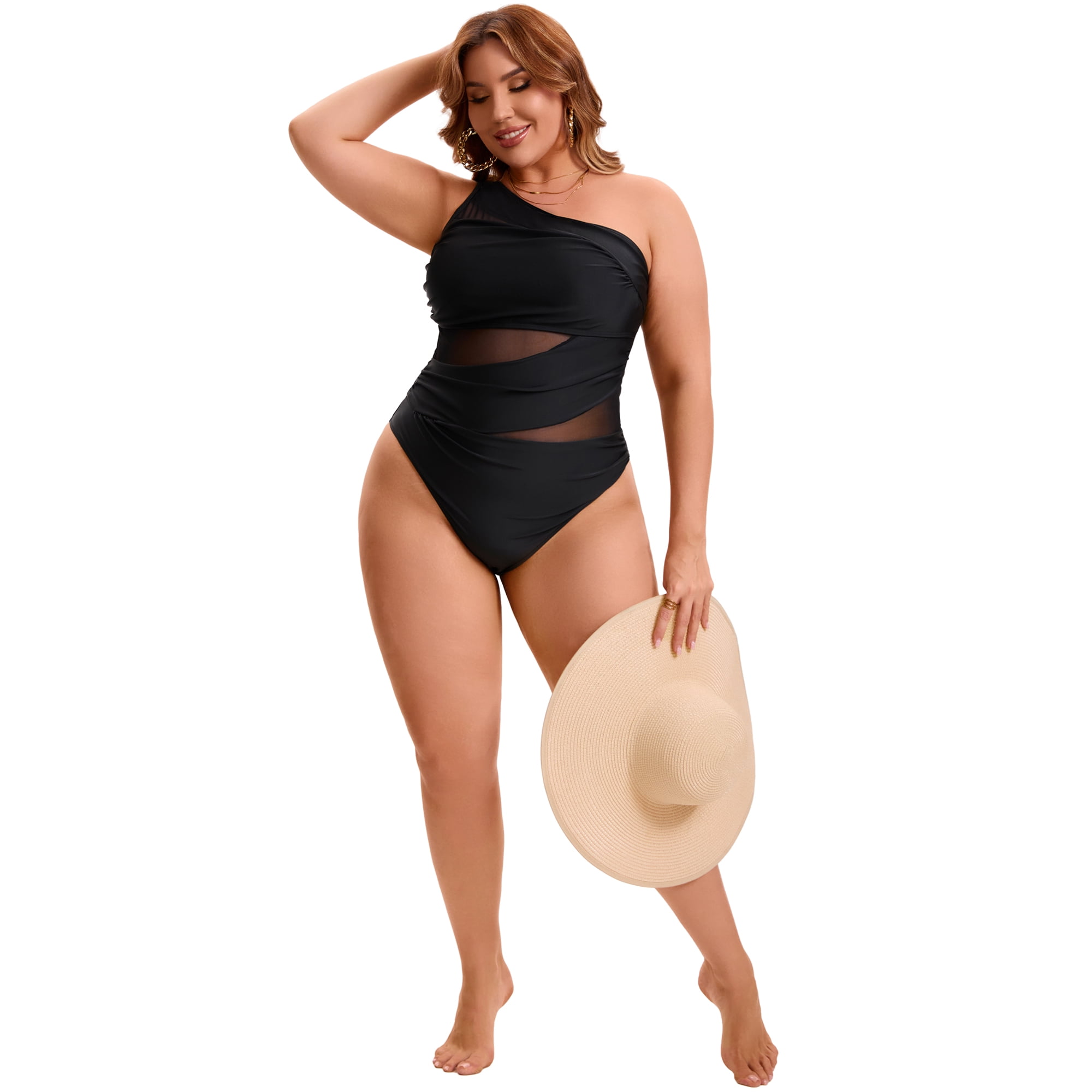 DARING DIVA Women's Plus One Shoulder Swimsuit with Mesh Detail 1X Black