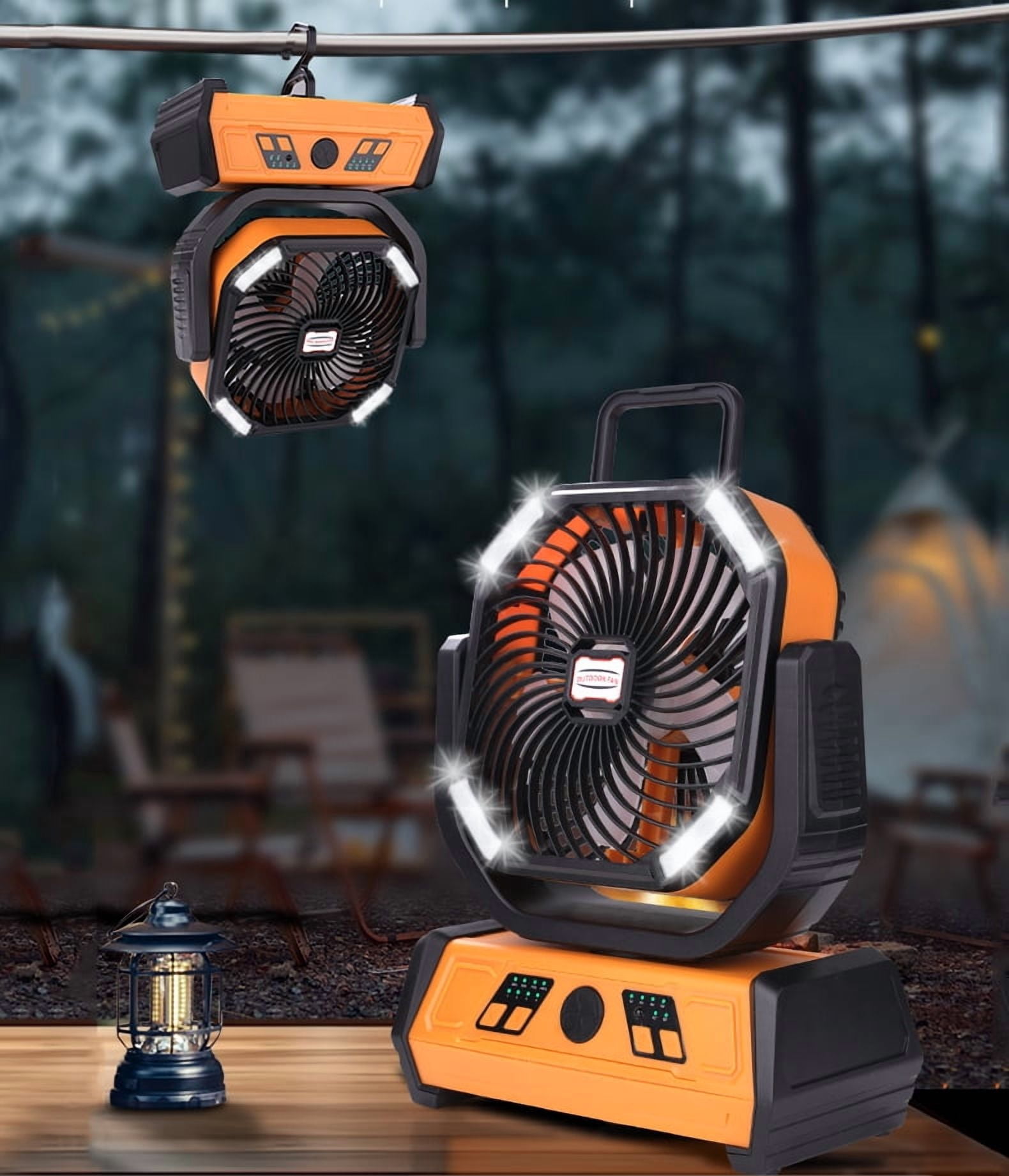 Fylivore Camping Fan, 20000mAh Portable Battery Operated Outdoor with LED Lights & Remote Control, Personal Usb Rechargeable Desk, Room , Orange
