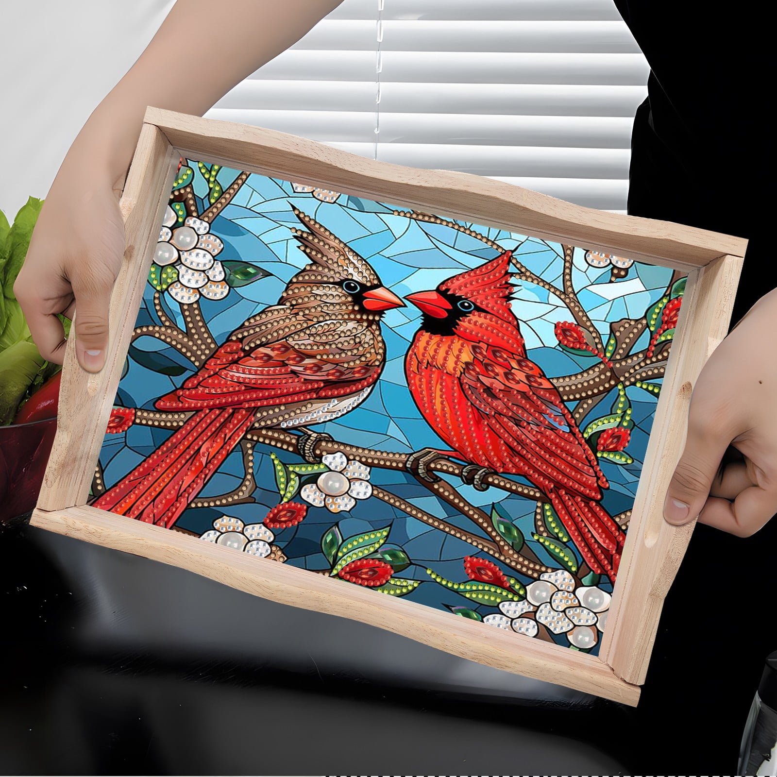 FLOPESN DIY Diamond Art Painting Handmade Wooden Tray,Creative Design Serving Dinner Plate for Coffee Living Room Home Organizer-Cardinal