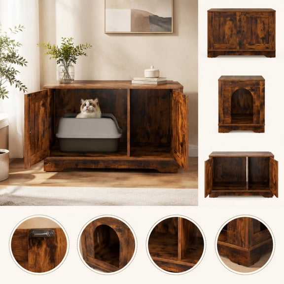 Wooden Cat Litter Box Enclosure Furniture, Indoor Cat House, End Table, Nightstand, Brown