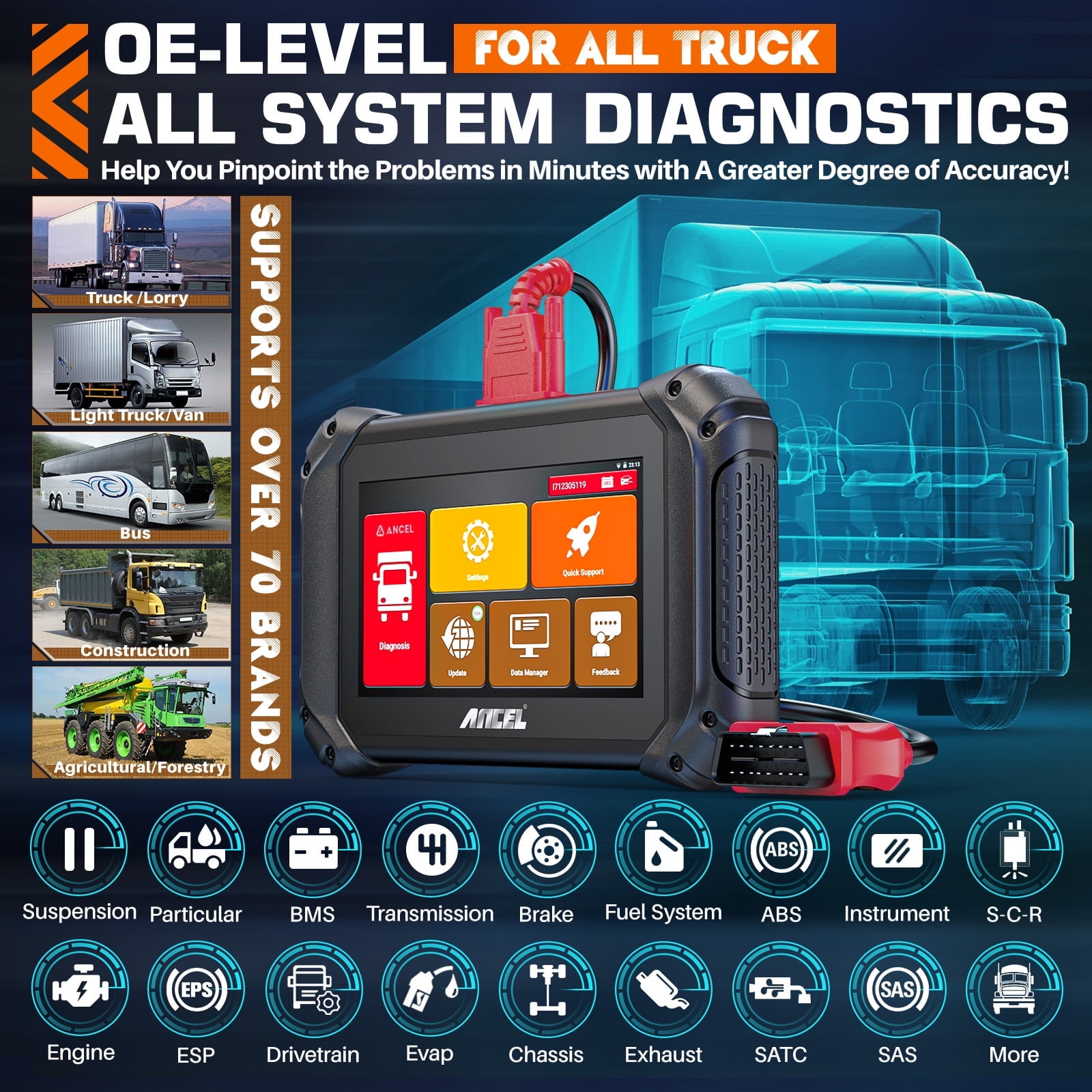 ANCEL Diesel Heavy Duty Truck Scanner, Bidirectional Truck Diagnostic Scan Tool OBD2 Scanner, Full System Car Code Reader with 40+ Resets, ABS SRS DPF Regen, ECU Reset for Truck & Commercial Vehicle