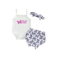 thumbnail image 2 of Aojekbee Baby Girl Birthday Clothes Butterfly Print Sleeveless Romper and Elastic Shorts Headband Set 3 Piece Outfits, 2 of 10