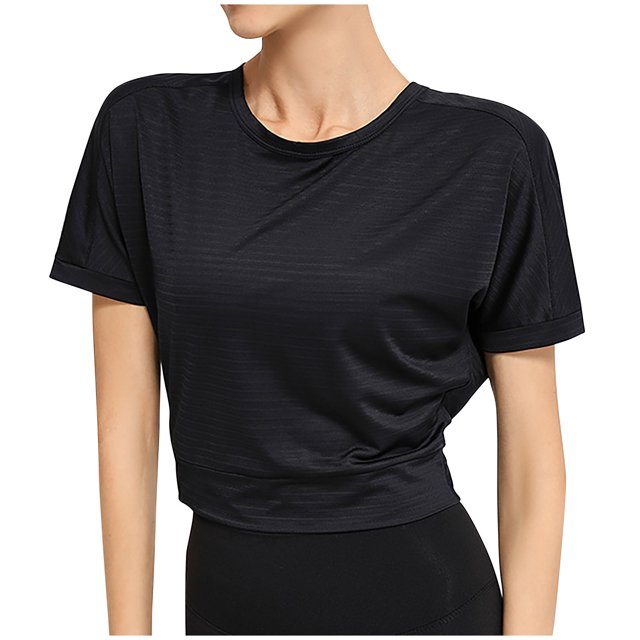 Besolor Hauts Courts d'Entraînement pour Femmes à Rayures, Col Ras du Cou, Manches Courtes, Chandails d'Été Décontractés, T-Shirts de Yoga et de Sport