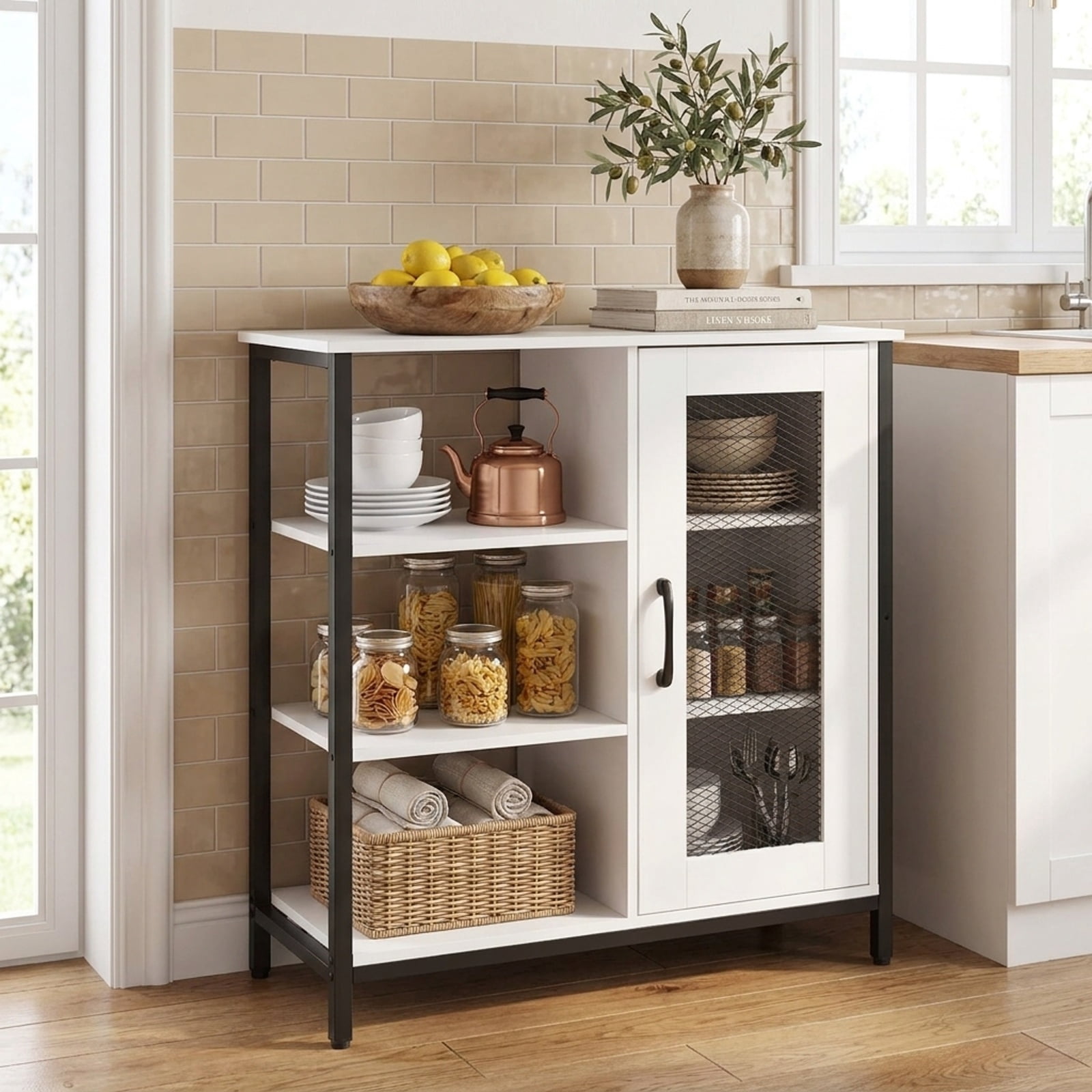 Furnibear Industrial Side Cabinet with Metal Mesh Door and 3 Open Shelves Narrow Buffet Sideboard Storage for Kitchen Dining and Living Room, White