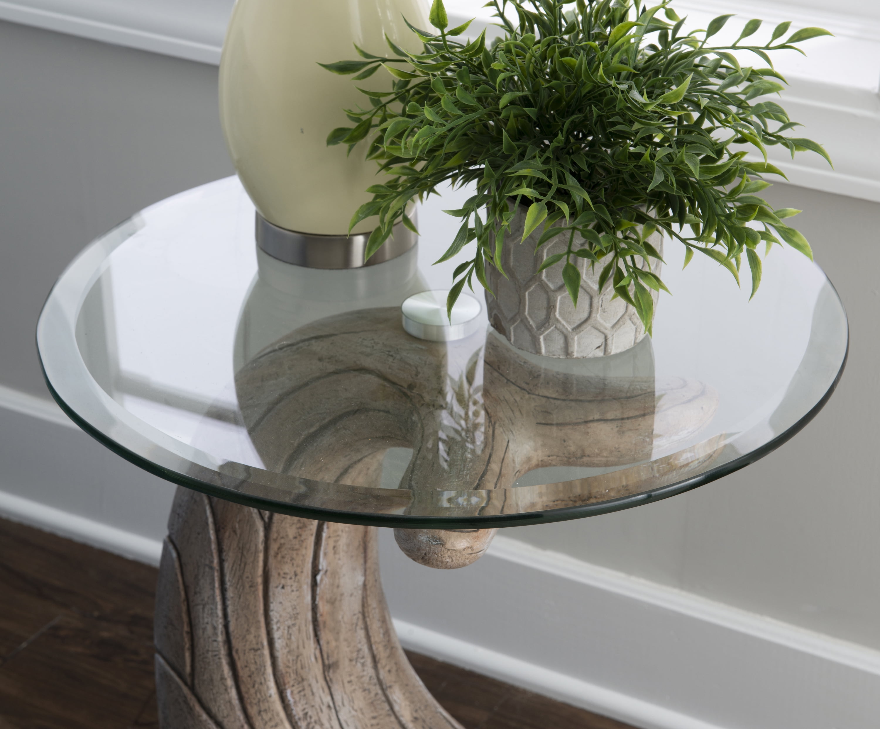 Powell Wendy Whale Indoor Accent Side Table with Glass Top, 23" Tall, Distressed Natural Driftwood