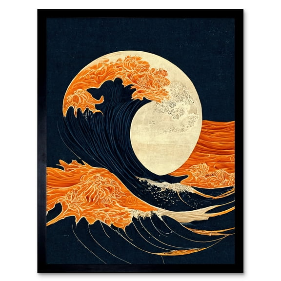 The Great Wave at Full Moon Modern Japanese Seascape Woodblock Art Print Framed Poster Wall Decor 12x16 inch