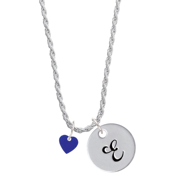 Delight Jewelry Acrylic 5/16" Royal Blue Heart Silvertone Script Initial Disc - E - Charm Necklace, 20"+3"