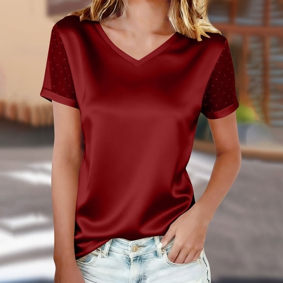 ITSAME Womens Tops, V-Neck Loose Fit Mesh Short Sleeve Summer Dressy Casual Fashion Blouses Wine Size 2XL