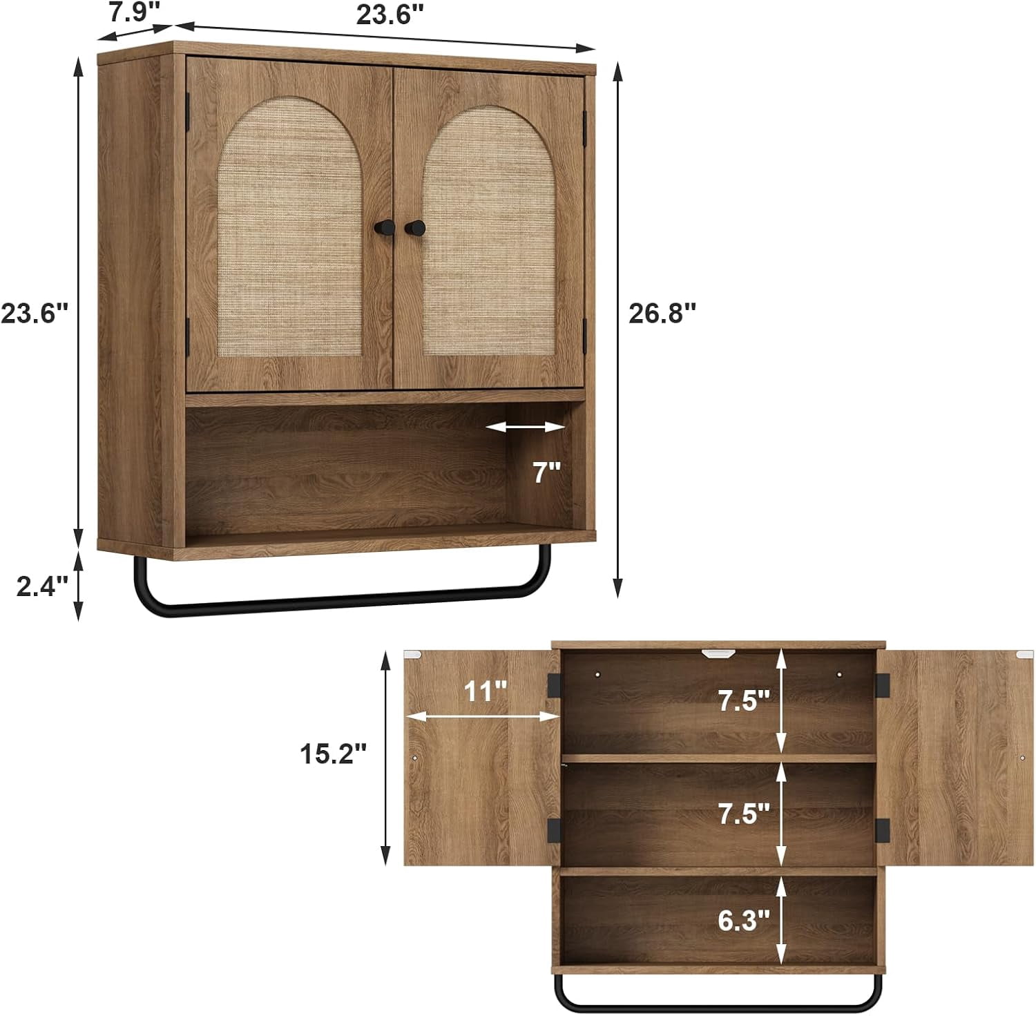 Rattan Bathroom Wall Cabinet,  Medicine Cabinet with 2 Arched Doors, Farmhouse Over The Toilet Storage Cabinets with Adjustable Shelves & Towel Bar, 3-Tier Wall Mounted Cabinets