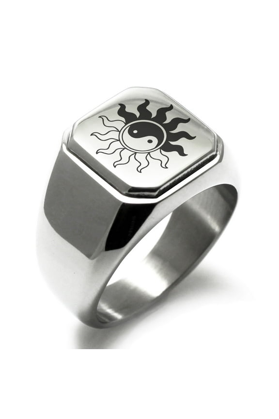 Stainless Steel Blazing Sun Yin Yang Engraved Square Flat Top Biker Style Polished Signet Ring