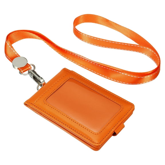 Uxcell Folded PU Leather ID Badge Holder with Lanyard with 1 Clear Window 4 Card Slot Orange