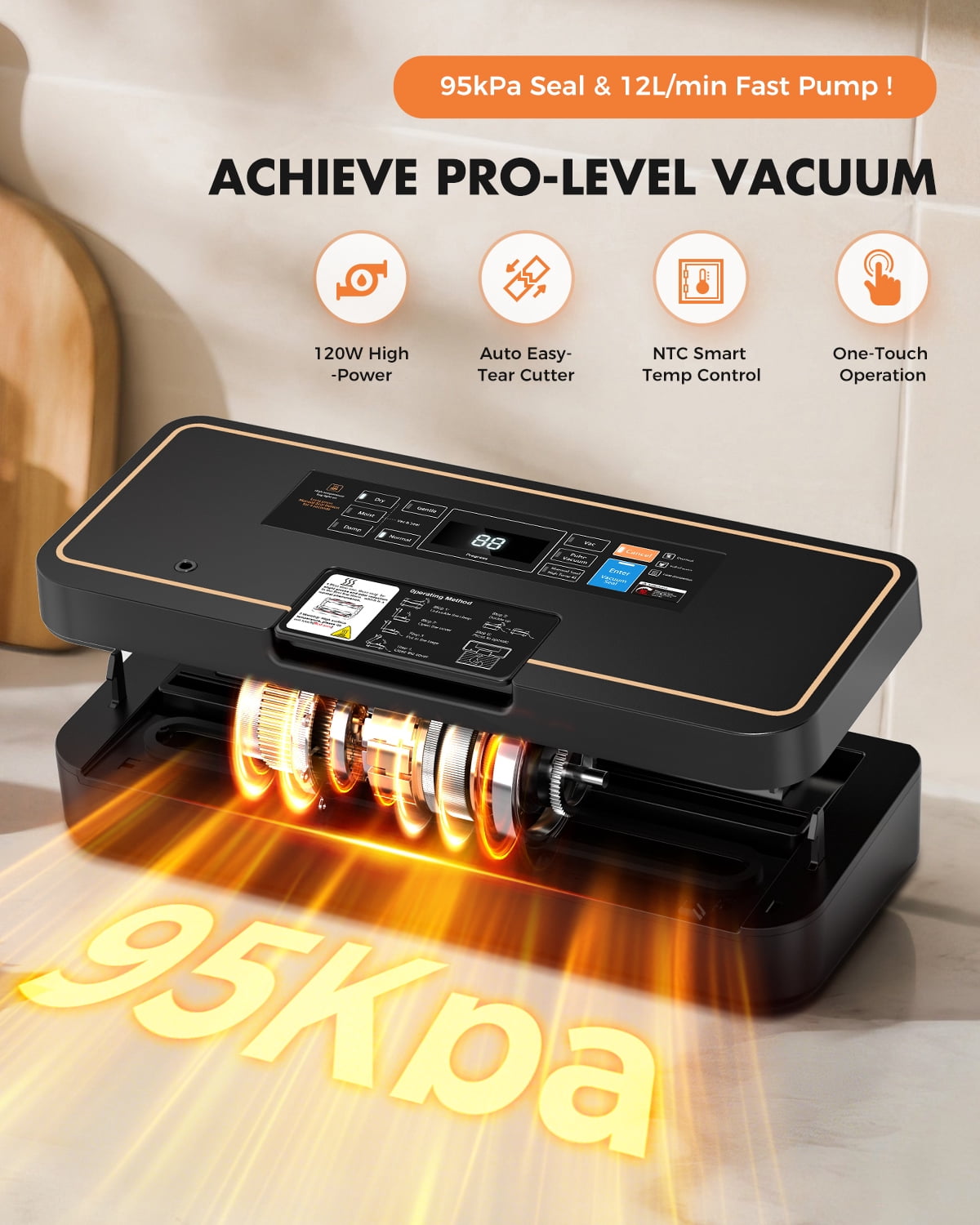 UPRUBE Vacuum Sealer for Food, 9-in-1 Built-in Cutter Food Vacuum Saver Sealer Machine, Include One Roll Bags ,95kPa Strong Vacuum