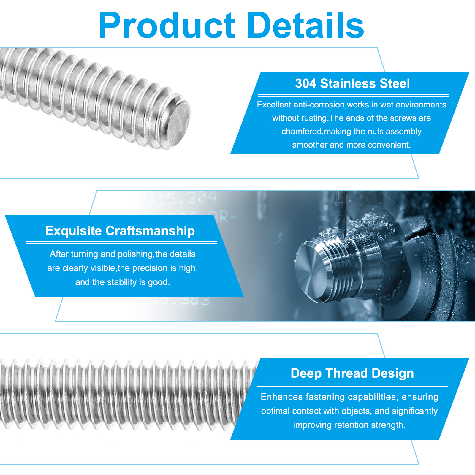 Uxcell 1/2"-13 Fully Threaded Rod, 10Pcs 3" Length 304 Stainless Steel Thread Screw
