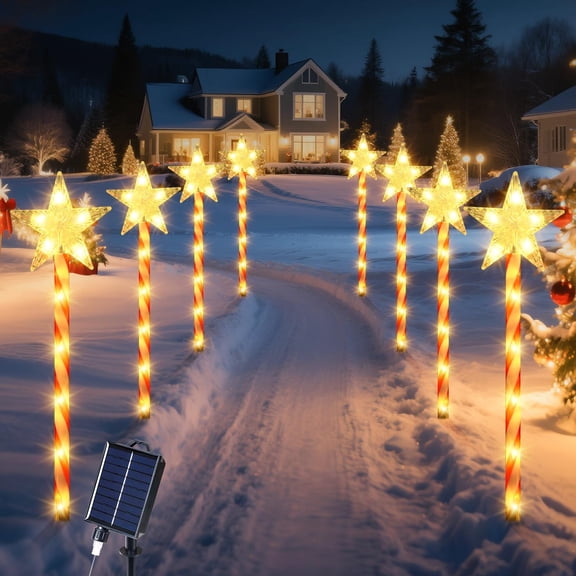 Ninonly Solar Christmas Lights,Solar Christmas Star Candy Cane Lights,80 LED,8 Lighting Modes, Waterproof,Outdoor Pathway, 8 Pack