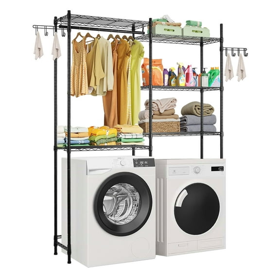 VEVOR Over Washer and Dryer Storage Shelves, 5 Tiers Laundry Room Drying Rack with Hanger Rod and Hooks, Two Rows Adjustable Washer Shelves Space Saver, for Laundry Room Storage & Organization, Black