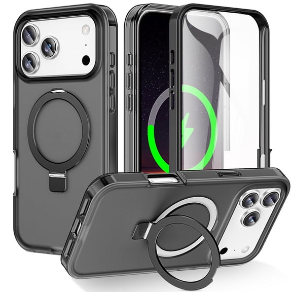 Magnetic Case for i-Phone 17 Pro Max,Shockproof Ring Holder Stand Case Built-in Screen Protector Compatible with Mag Safe Matte Translucent Back Cover,Black