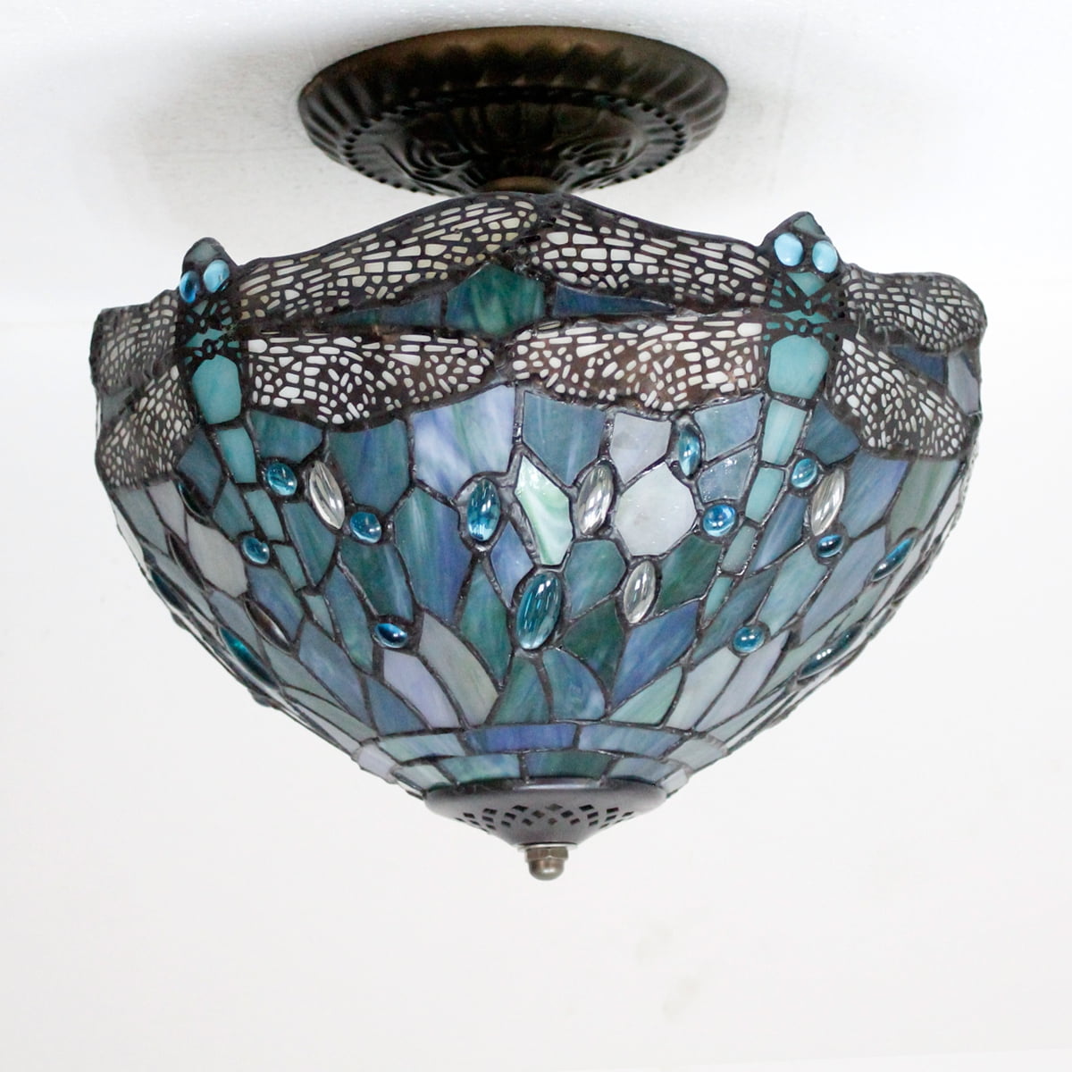 Tiffany Ceiling Light Fixture Semi Flush Mount 12" Sea Blue Stained Glass Dragonfly Cover Shade Overhead Close to Island Hanging Lamp Decor Bedroom Kitchen Dining Living Room Entry Hallway WERFACTORY