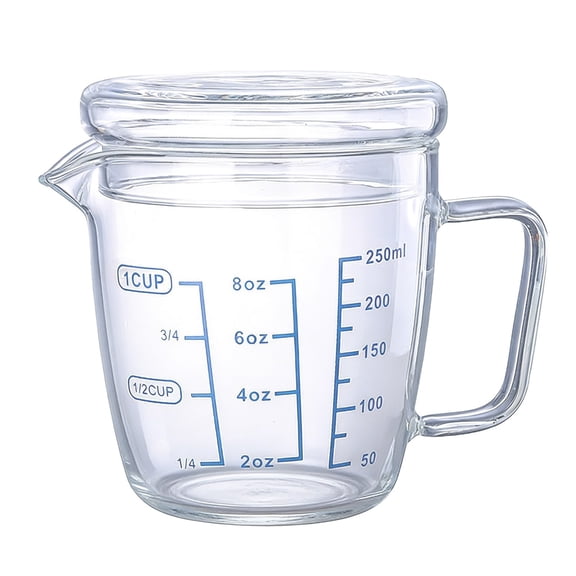 Glass Measuring Cup with Lid, Easy Grip Handle and V-Shaped Spout, Three Measurement Scale(OZ, Cup, ML), Coffee Milk Frothing Pitcher Latte Maker in Kitchen Restaurant