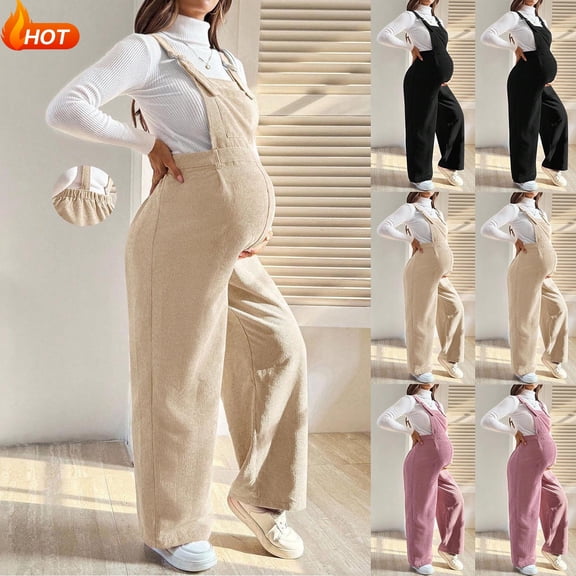 Taqqpue Women Maternity Jumpsuits Corduroy Adjustable Strap Overalls Pregnancy Wide Leg Rompers with Pockets,Solid Color Plus Size Maternity Pants for Women