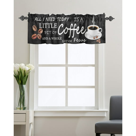Kitchen Cafe Valance Curtain for Small Windows,Farm Steaming Coffee and Beans Rod Pocket Short Valances Funny Quote on Black Board Window Treatment Panel for Living Room/Bedroom/Bathroom,54x18in