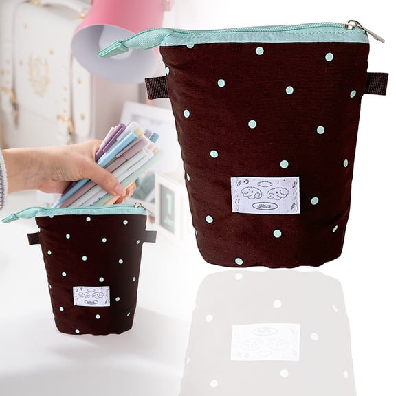 Standing Foldable Vertical Pencil Case Large Capacity Pen Holder Handheld Desk Organizer Makeup Cosmetics Bag, Brown 15x14cm