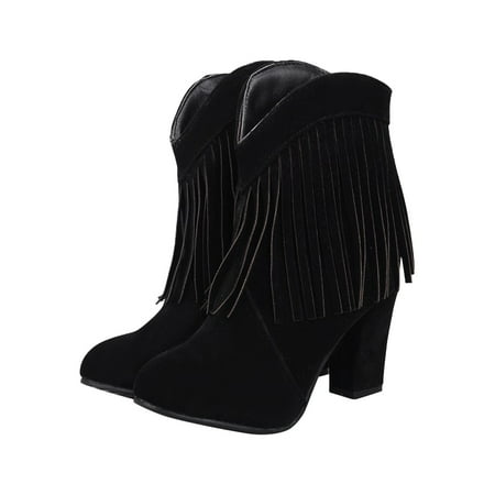 

Tejiojio Clearance Women Retro Shoes Casual Fashion Solid Color Fringed Suede High Heel Ankle Boots