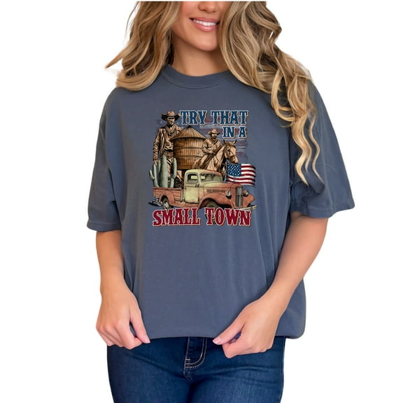 Cowboy Western Graphic T-Shirt, Vintage Farm Truck Tee, Rustic Town Apparel, Country Music Lover Shirt, Patriotic USA T-Shirt, Denim Comfort Colors T-Shirt, Small