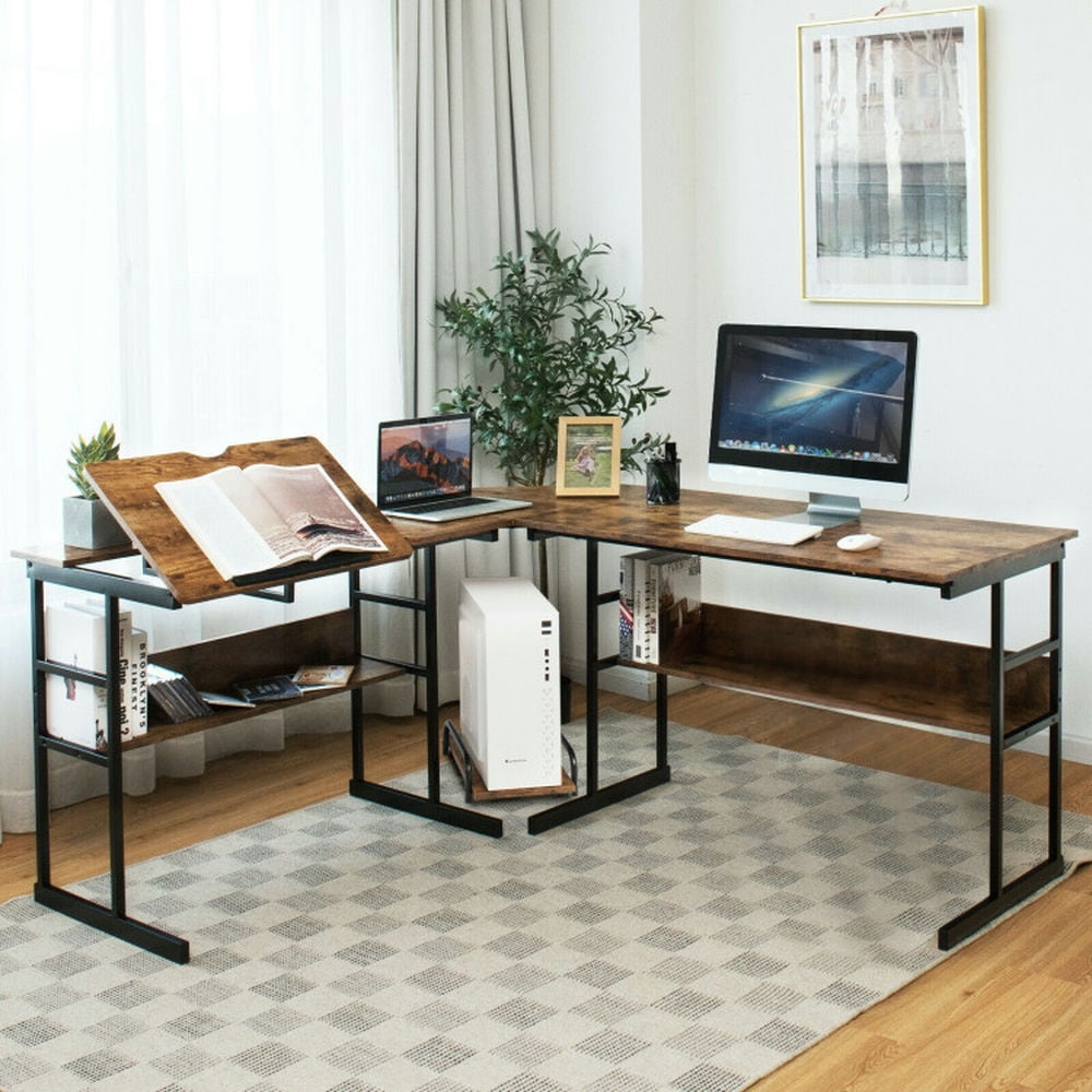 Demi Bonn L-Shaped Computer Desk with Tiltable Tabletop, Small Home Office Desk Study Writing Table, Rustic Brown
