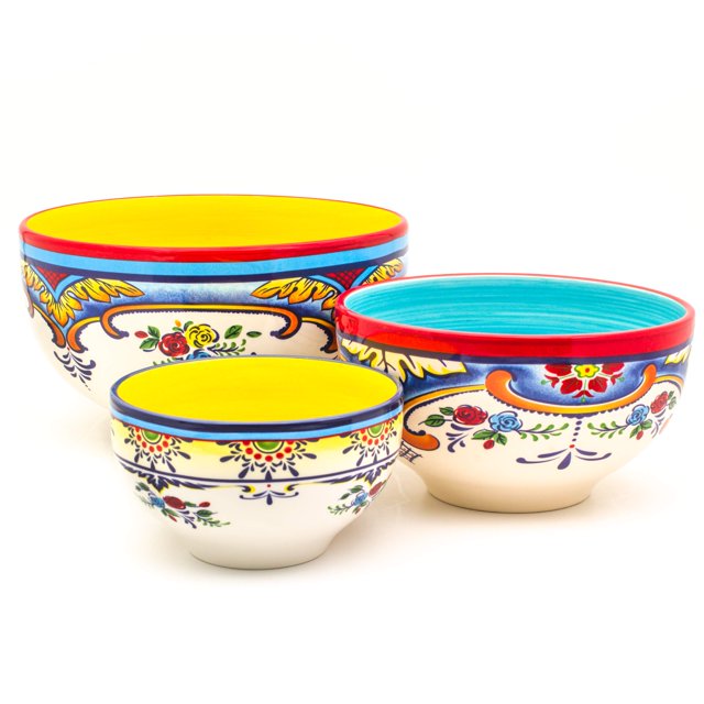 Euro Ceramica Zanzibar Collection Vibrant Ceramic Mixing Bowls, 3 Piece Set, featuring a Spanish floral design in multicolor. The set includes three bowls of assorted sizes with intricate patterns and vibrant interiors in yellow and blue. Ideal for everyday use or special occasions.
