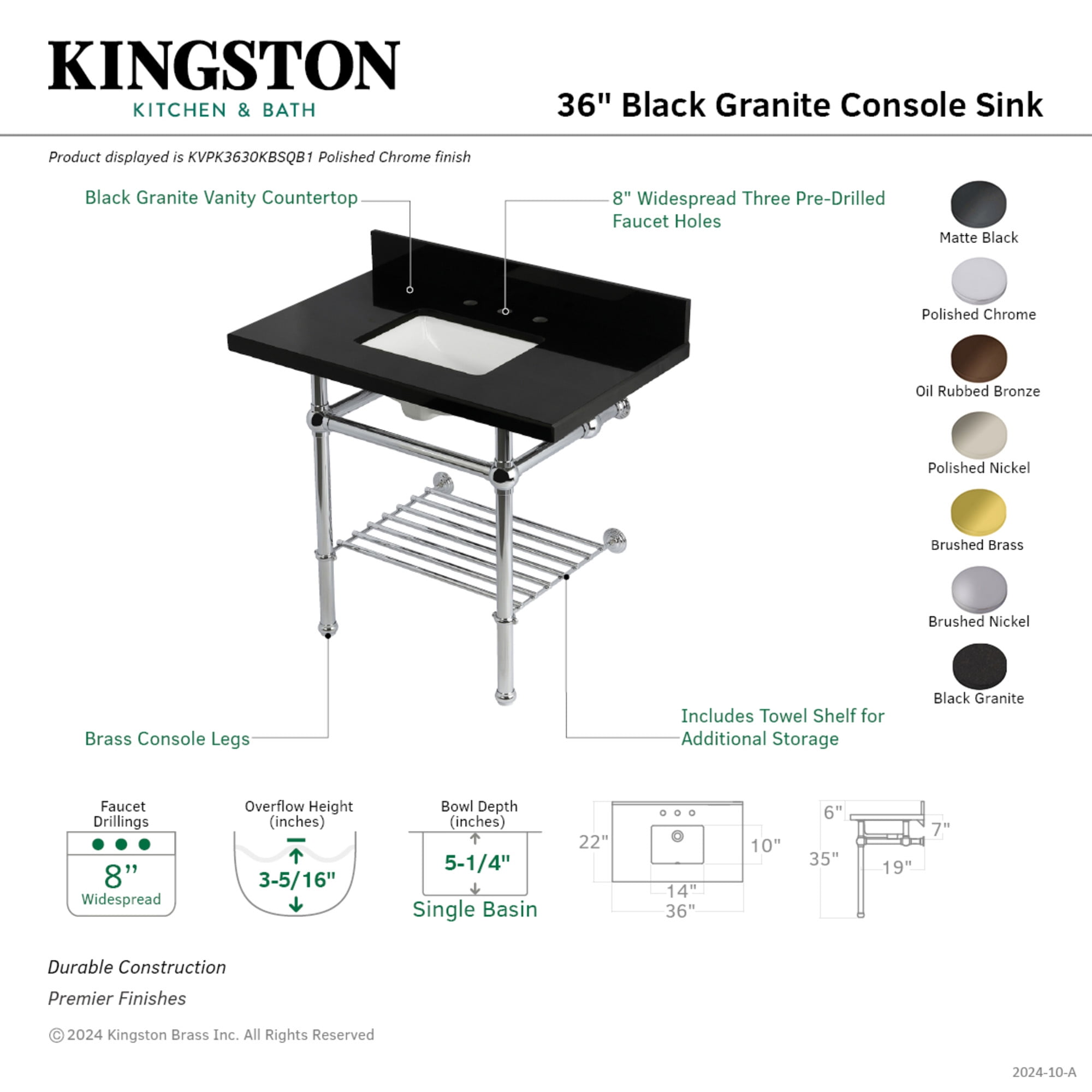 Kingston Brass KVPK3630KBSQB8 Templeton 36" Black Granite Console Sink with Brass Legs and Shelf (8-Inch, 3-Hole), Black Granite/Brushed Nickel