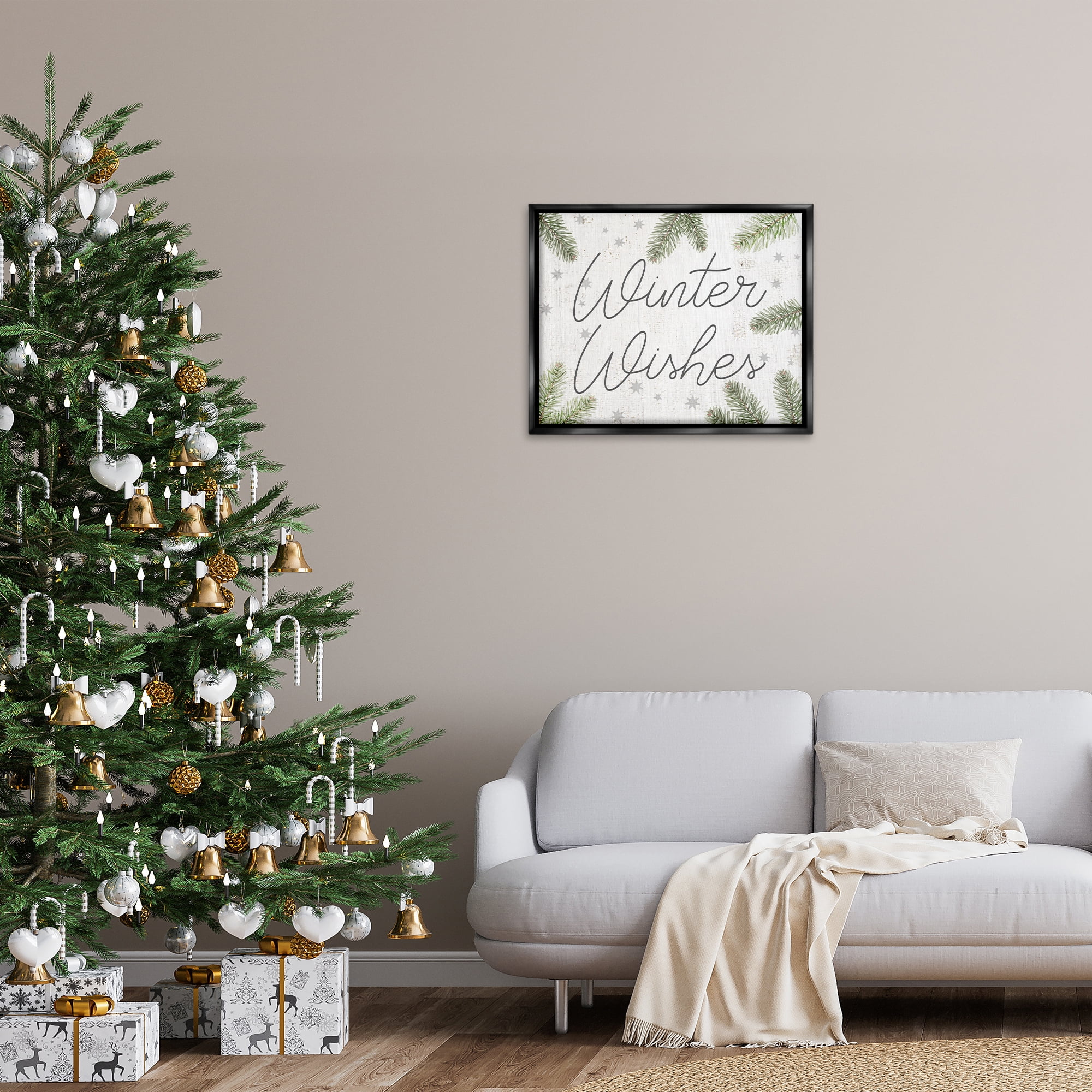 Stupell Industries Winter Wishes with Sprigs Holiday Painting Black Floater Framed Canvas Art Prints Wall Art, 31 x 25