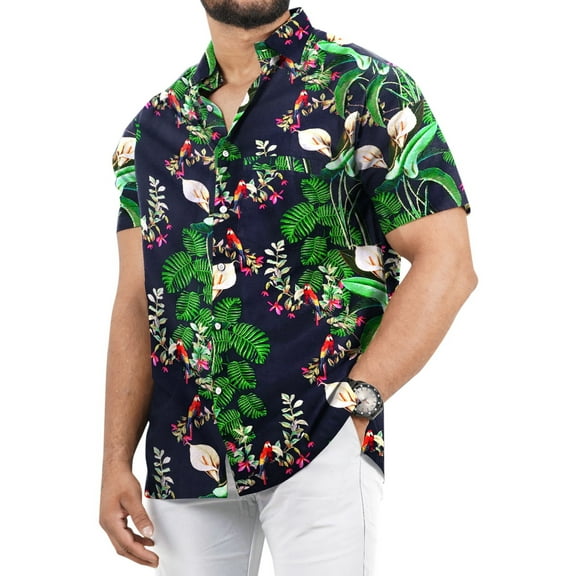 LA LEELA Men's Hawaiian Shirts Short Sleeve Button Down Shirt Men's Casual Shirts Vacation Tropical Beach Summer Party Shirts for Men Funny S Navy, Cockatoo