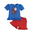 thumbnail image 2 of Toddler Girl Outfits 2 Piece Cartoon Print Crew Neck Ruffles T Shirt Short Sleeve Tops And Shorts Casual Baby Girls' Clothing Sets Blue 18 Months-24 Months, 2 of 8