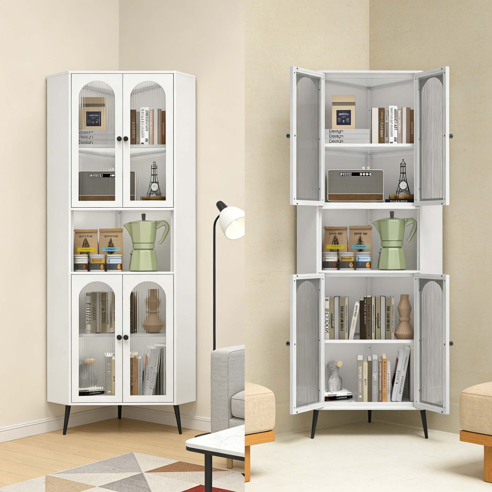 Miniyam 73"H Corner Metal Storage Cabinet with Doors & Adjustable Shelves – White, Space-Saving Organizer for Entryway/Bathroom/Bedroom/Dining Room/Living Room/Office
