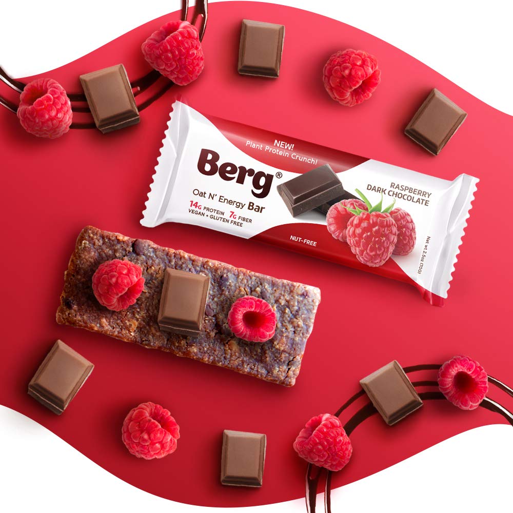 Berg Oat N' Energy Bar | Plant Based Protein Bar | Non-GMO, Gluten Free, Nut Free and Vegan | Low Sugar, Healthy Snack Bar | High Fiber | On The Go | 2.5oz, Pack of 8 (Raspberry Dark Chocolate)