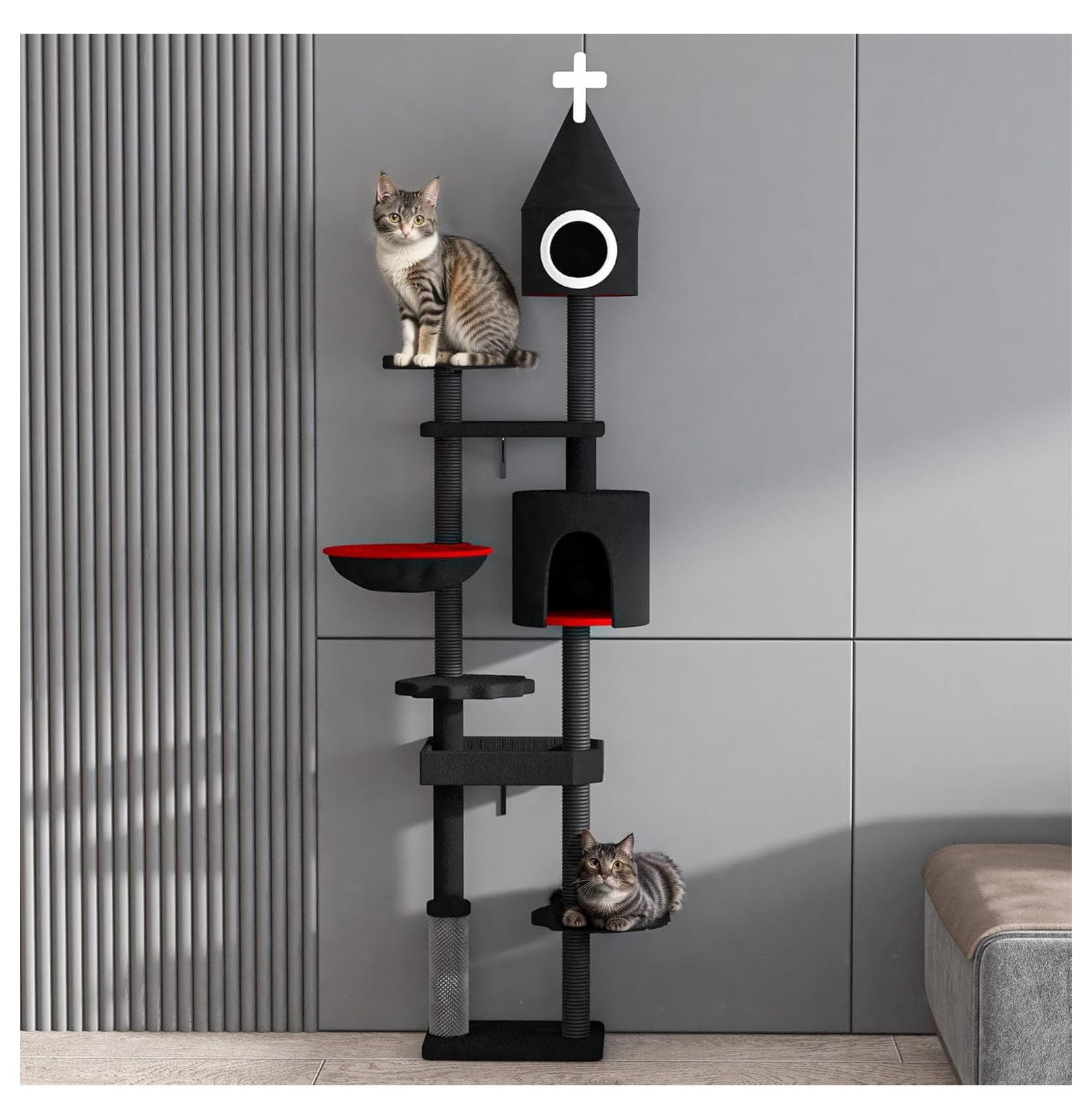 88" Cat Tree Gothic Condo Tower, Multi-Level Cat House with Spiderweb Platforms & Hammock, Tall Cat Furniture for Indoor Cats