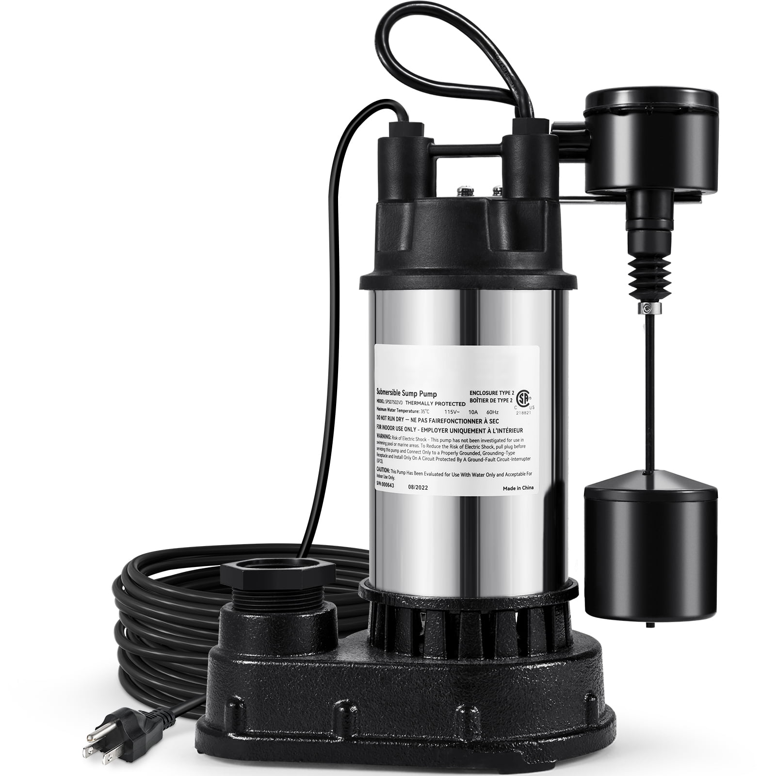 KFFKFF Sump Pump, 1.5 HP 6000 GPH, Submersible Cast Iron and Stainless Steel Water Pump, 1-1/2" Discharge With 1-1/4" Adaptor, Automatic Vertical Float Switch, for Indoor Basement Water Basin