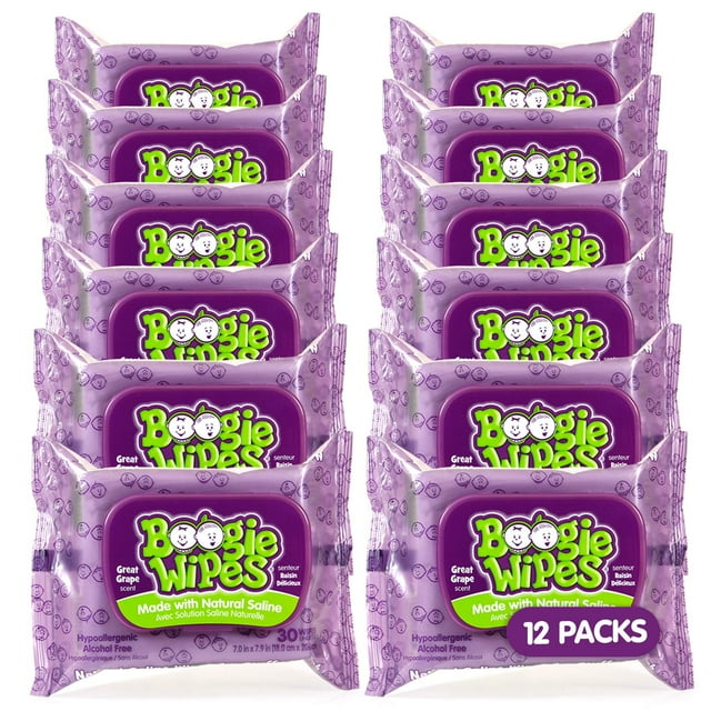 Toallitas Nasales Salinas Boogie para Bebés y Niños, 12 paquetes de 30 unidades