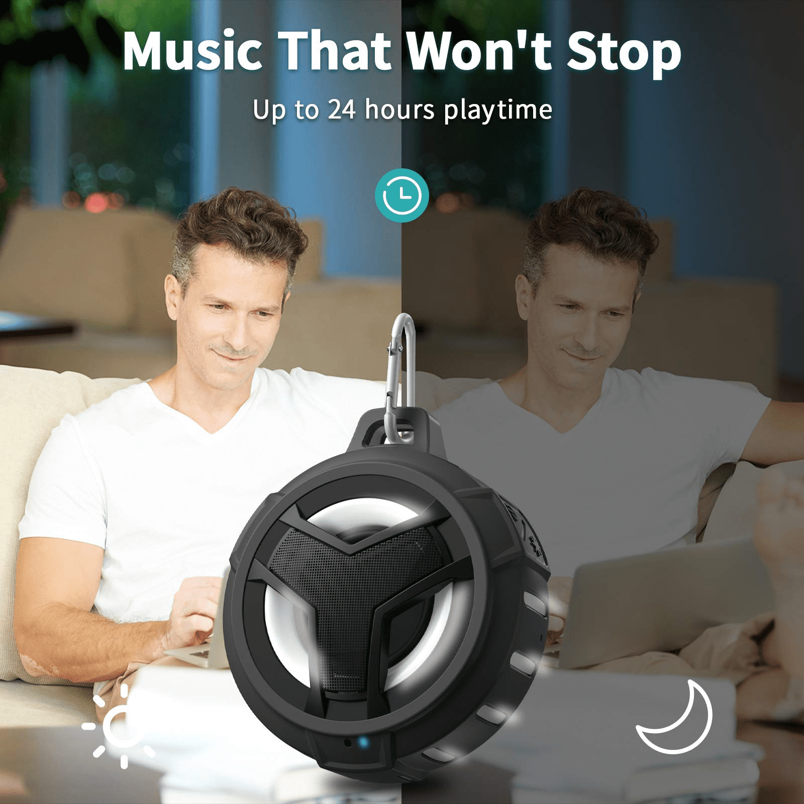 EBODA Bluetooth Shower Speaker, IPX7 Waterproof Portable Bluetooth Speakers, Wireless Speaker with LED Light, Floating, 2000mAh, True Wireless Stereo for Kayak, Beach, Gifts for unisex -Black