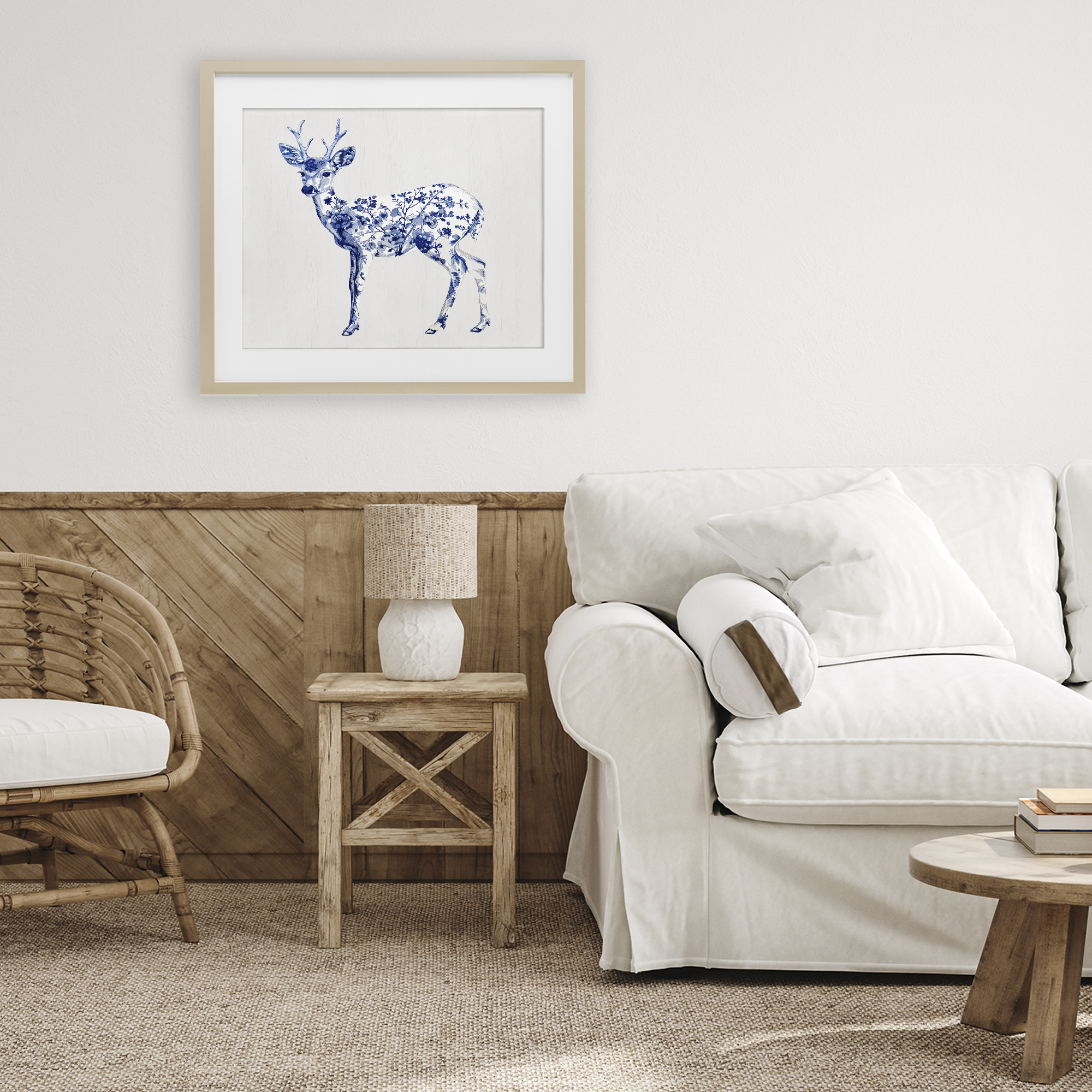 Graceful Toile Deer Birch Framed Print Under Glass, design by Lettered and Lined