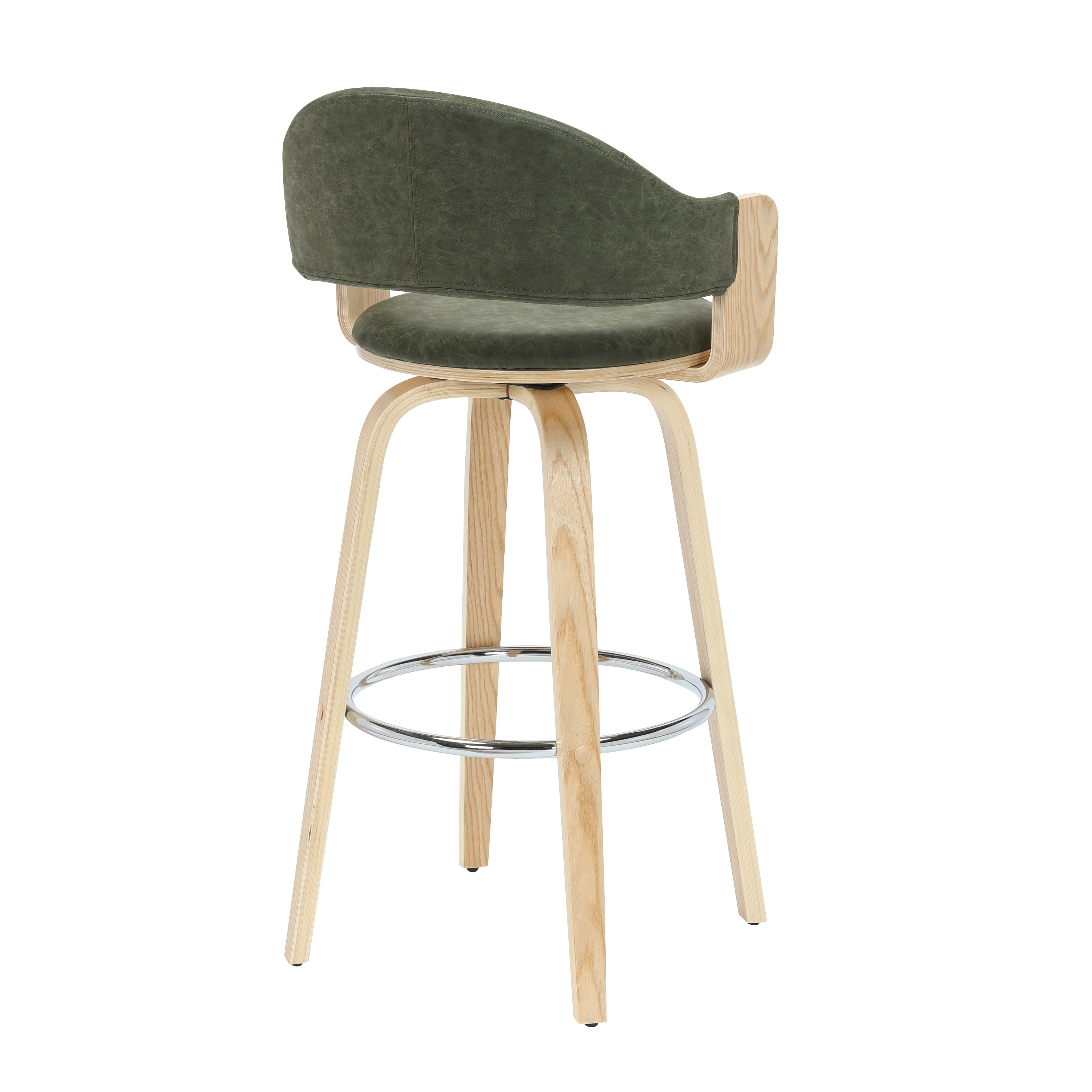 Daxton 40 in. H Swivel Bar Height Vintage Green Round Back Wood Bar Stool with Faux Leather Seat Set of 4