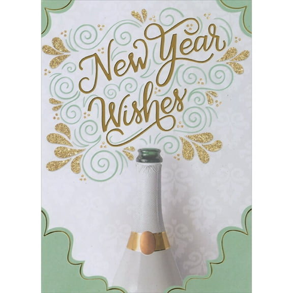 Designer Greetings Champagne Bottle Neck Photo, Bluegreen Swirls and Corners with Gold Foil Accents New Year Card
