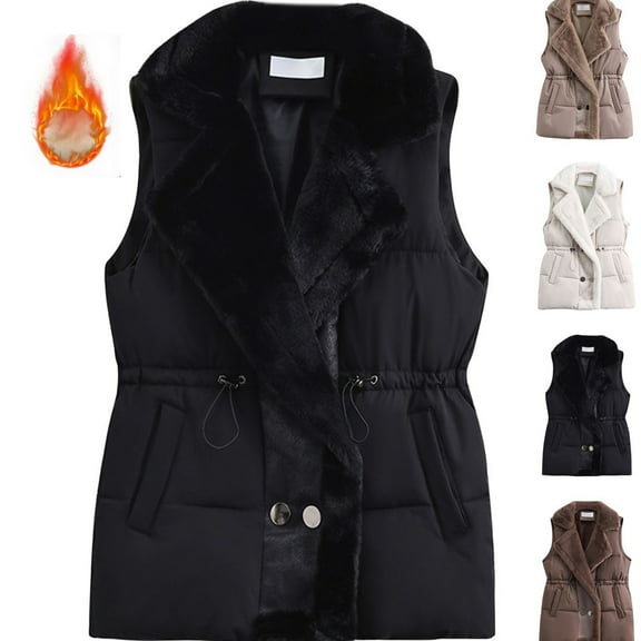 Gamivast Puffer Vest Women Button Down Fleece Fur Collar Winter Warm Coat with Pockets Sleeveless Quilted Jackets with Drawstring Waist Casual Oversized Padded Outerwear