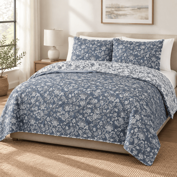 Oxford Blue Oversized Queen 3-Piece Soft Microfiber Reversible Floral Quilt Bedding Set