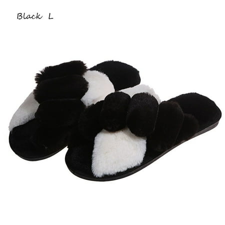 

Women Slides Female Slip on Flats Indoor House Slides Faux Fur Slippers Warm Shoes Platform Slipper Winter Furry Slippers BLACK L