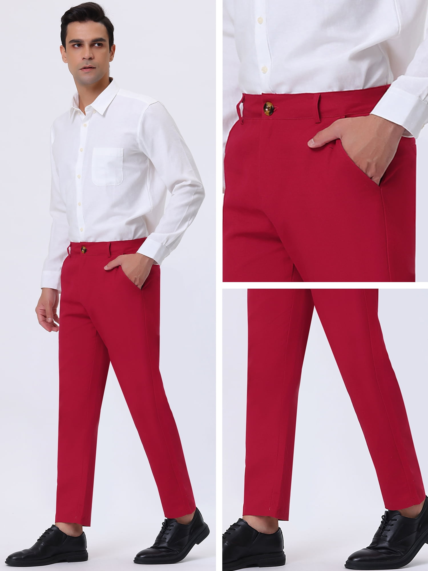 Unique Bargains Men's Solid Color Slacks Straight Fit Flat Front Chino Dress Pants 32 Red