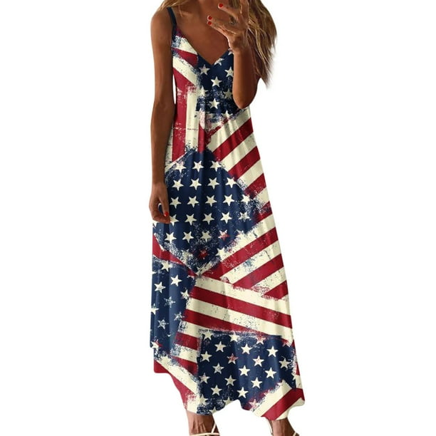 Women's Summer Maxi Dress Sleeveless Star Stripes Flag Print Beach